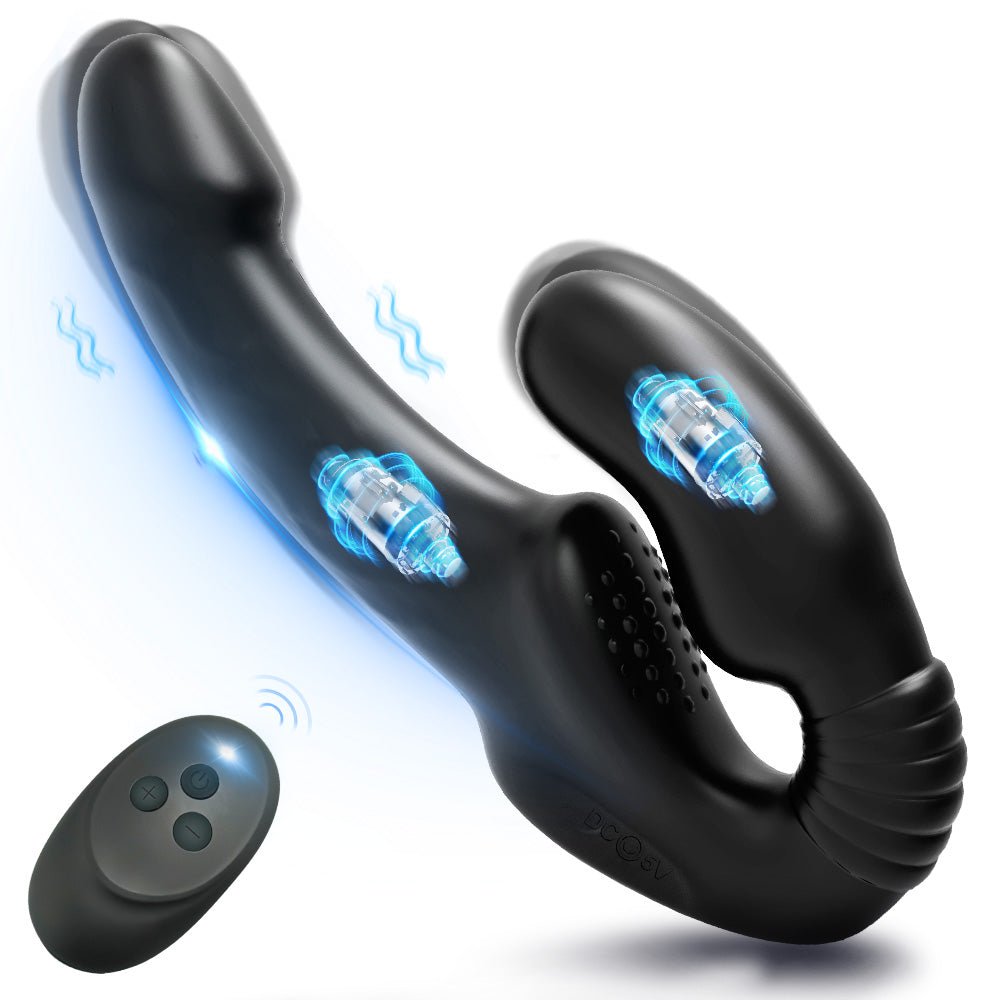 Schwarzer Vibrator mit Umschnall-Dildo ohne Gurt