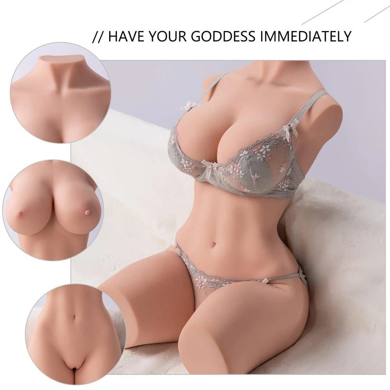 Seitenansicht des sitzenden Erika Life Size Sex Torsos – zeigt die eleganten Übergänge von Taille und Hüften.