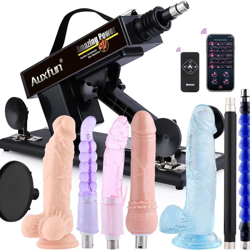 Komplettes Set der Fickmaschine – zeigt den Hauptkörper der Maschine und alle enthaltenen Zubehörteile.