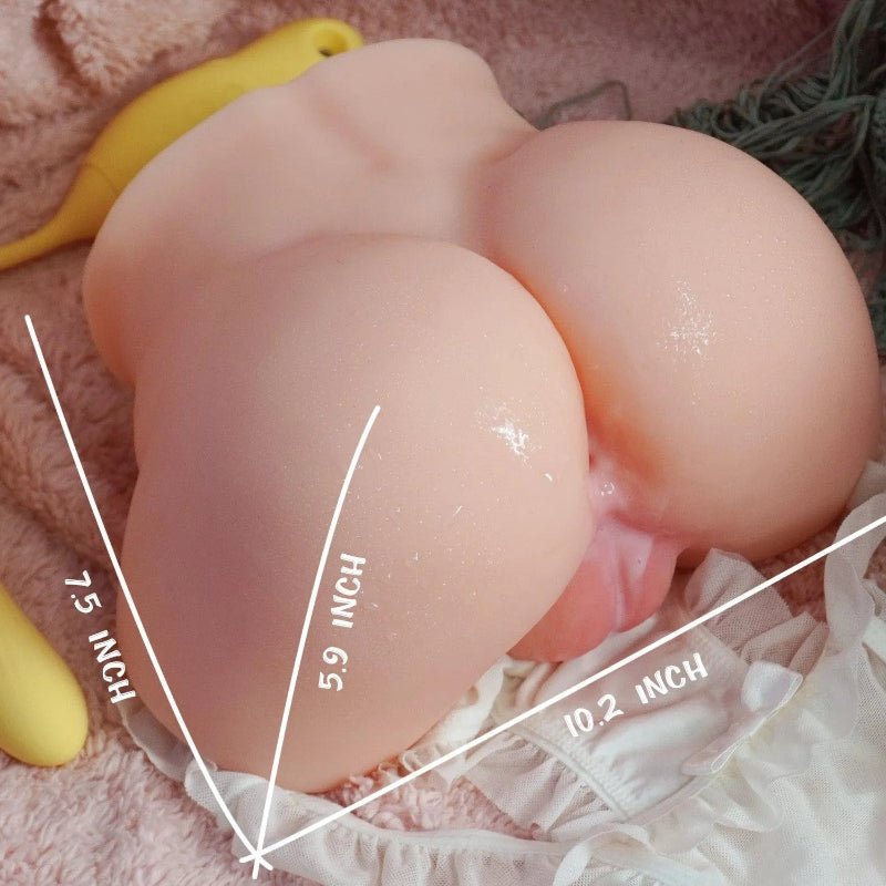 Markierte Dimensionen des Grace Masturbator Torsos – zeigt die genauen Maße von Länge, Breite und Höhe.