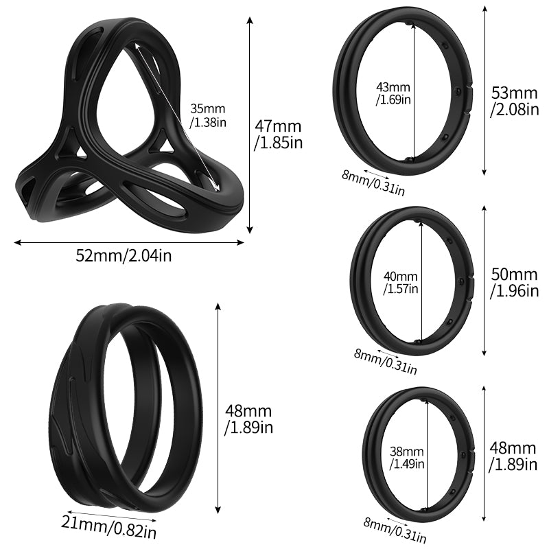Vergleich der fünf Penisringe in verschiedenen Größen für individuelle Bedürfnisse.