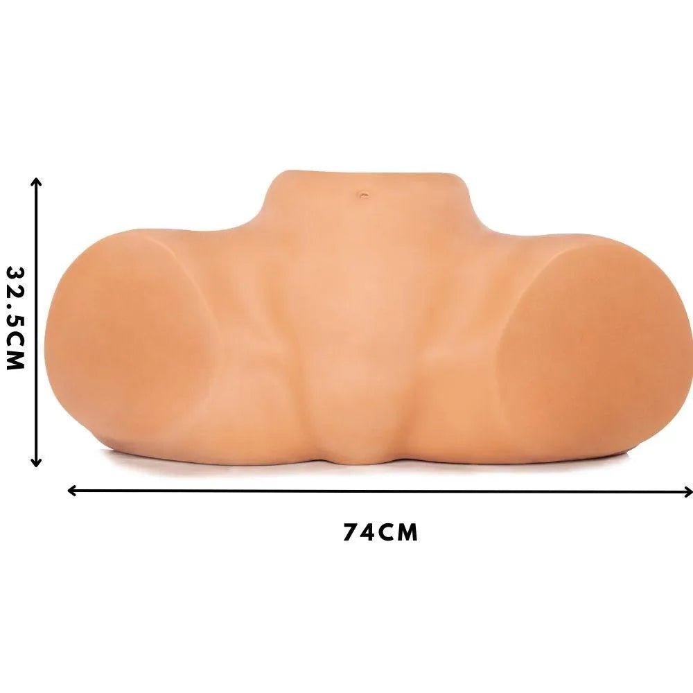 Eine detaillierte Abbildung des Super-Po-Masturbators mit markierten Abmessungen fĂŒr LĂ€nge, Breite und Höhe.