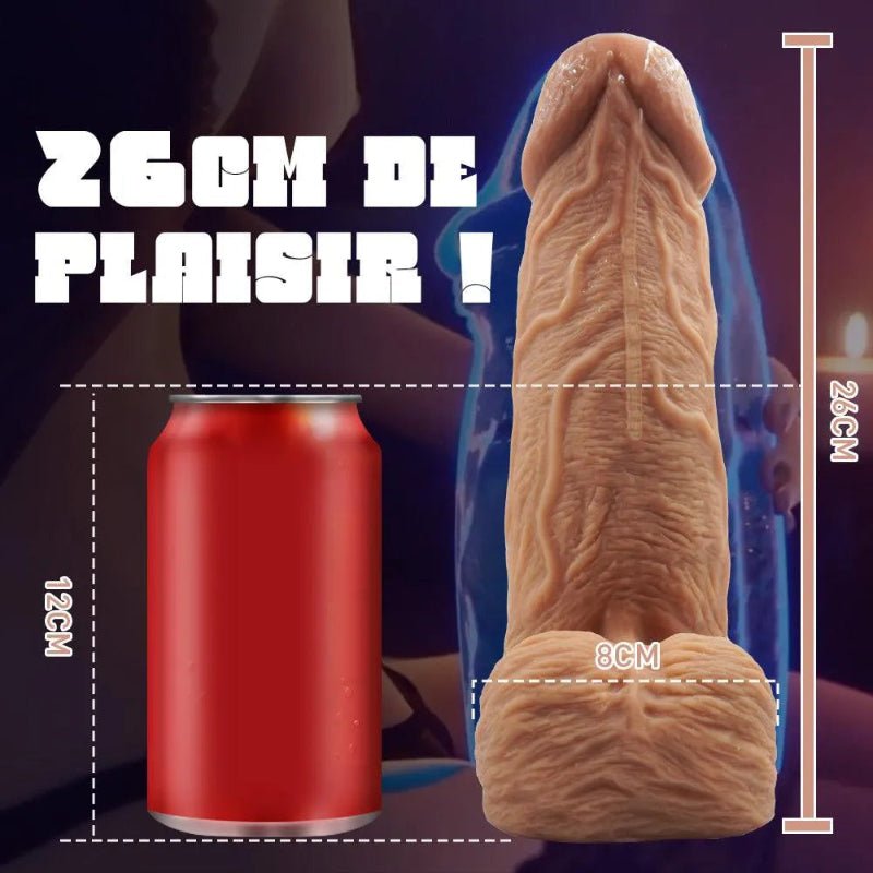 Gesamtansicht des Dildos mit markierten Dimensionen – Länge 26 cm, einführbare Länge 23,5 cm, Durchmesser 7,5 cm.