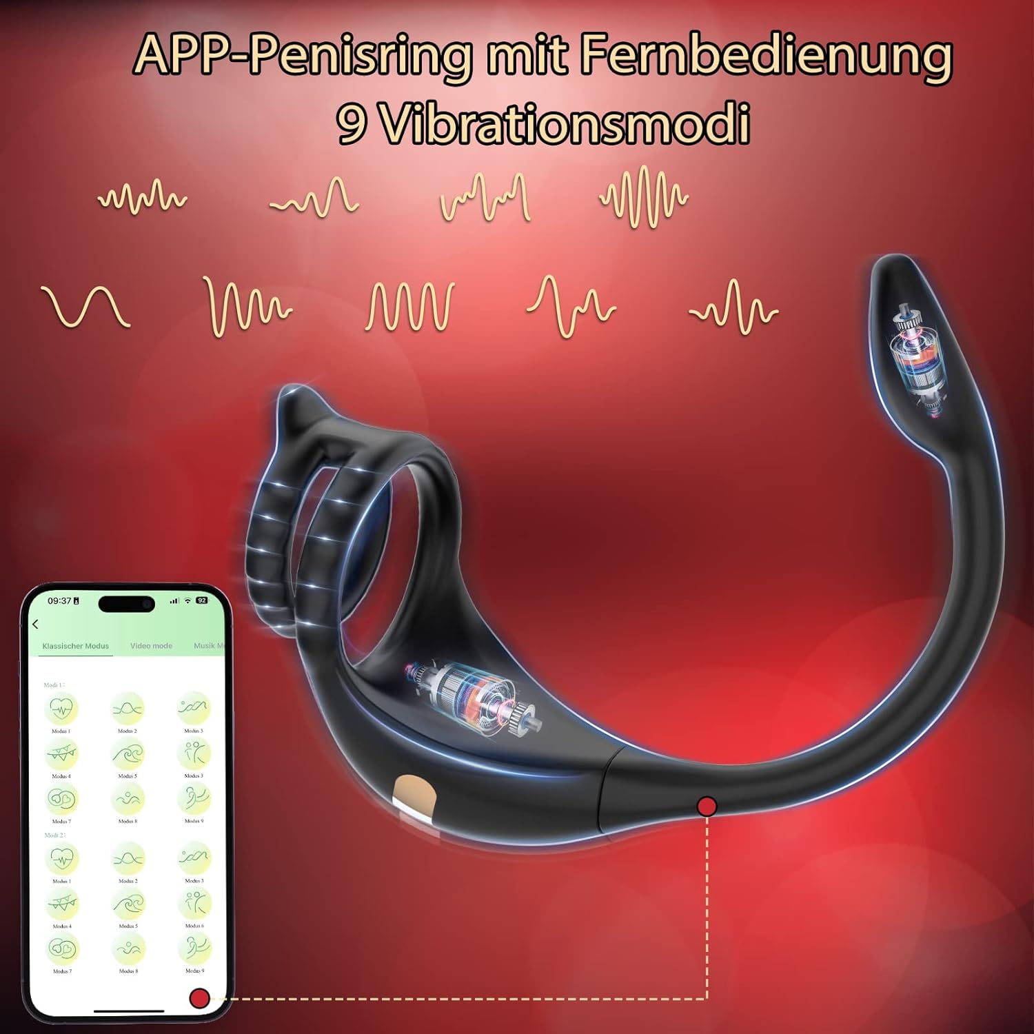 10 Vibrationsmodi Dual Penisringe Massagegerät mit APP