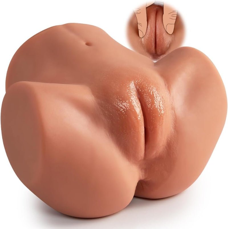 Masturbator Torso in Weizenhautfarbe, Vorderansicht mit gespreizten Beinen und realistischen vaginalen und analen Öffnungen