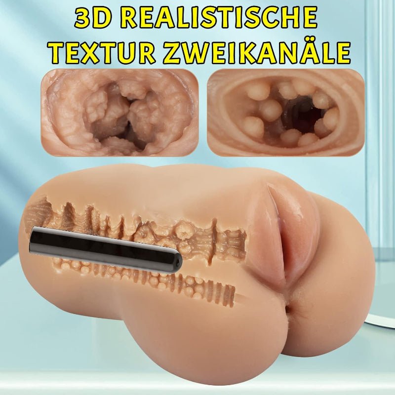 Detailansicht der vaginalen und analen Öffnungen – zeigt die präzise Verarbeitung und die inneren Noppen und Rillen für maximale Stimulation.