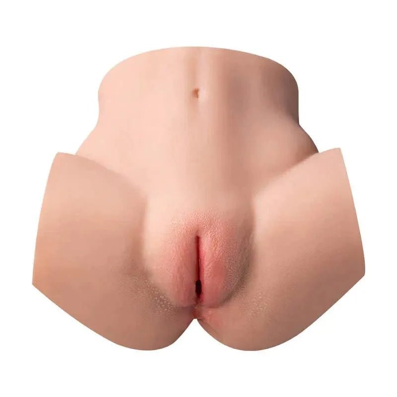 Masturbator Torso mit gespreizten Beinen, zeigt die realistische Gestaltung der künstlichen Vagina und des Anus in der Frontansicht